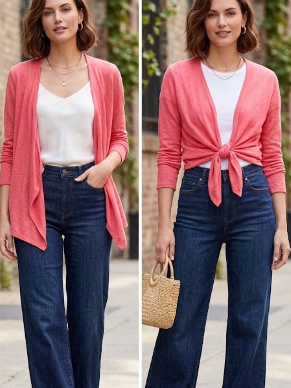 J. Jill Pink/Coral red 59% Linen Blend Open Front Draped Cardigan Sweater S